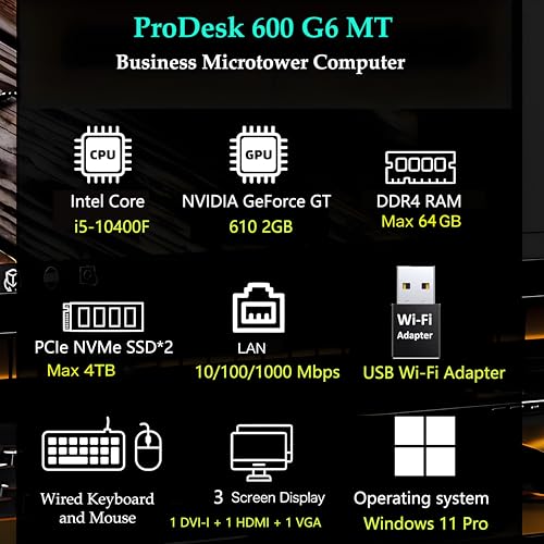 HP ProDesk 600 G6 SFF Business Desktop Computer, Intel Core i5-10400F, 16GB DDR4 RAM, 1TB SSD, GeForce GT 610 2GB, Windows 11 Pro