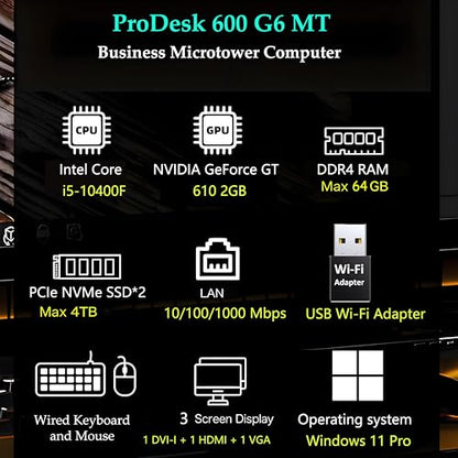 HP ProDesk 600 G6 SFF Business Desktop Computer, Intel Core i5-10400F, 16GB DDR4 RAM, 1TB SSD, GeForce GT 610 2GB, Windows 11 Pro