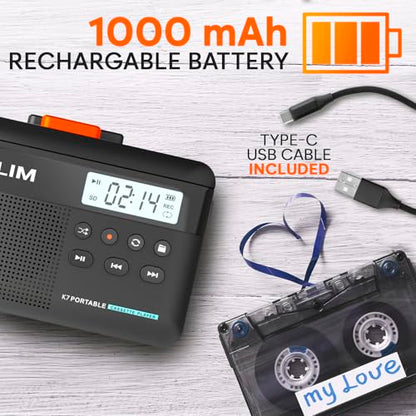 KLIM 4.76 x 3.61 x 1.56 inches Cassette Player Model K7 - Portable - Rechargeable - 16GB SD Card Included