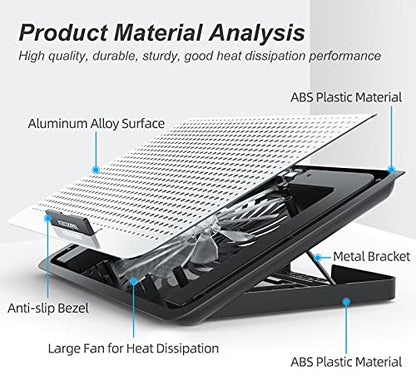 ICE COOREL 15-17 Inch Laptop Cooling Pad, 1 Big Fan, Adjustable Height, Aluminum Construction, Two USB Port, Silver