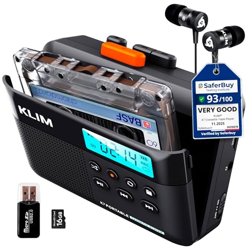 KLIM 4.76 x 3.61 x 1.56 inches Cassette Player Model K7 - Portable - Rechargeable - 16GB SD Card Included
