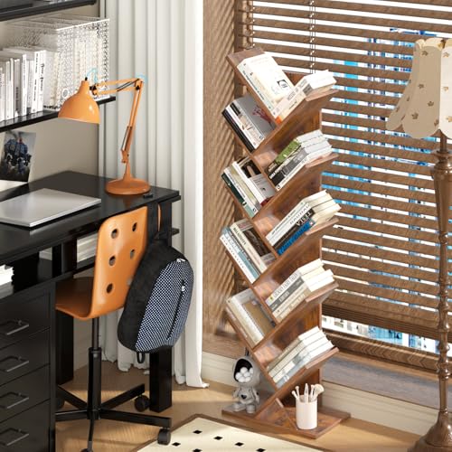 SHEEPAM 10 Tier Tree Book Shelf, Floor Mount, Wood, Unfinished Finish, Freestanding