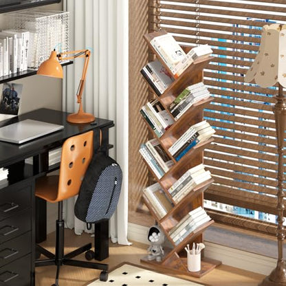 SHEEPAM 10 Tier Tree Book Shelf, Floor Mount, Wood, Unfinished Finish, Freestanding