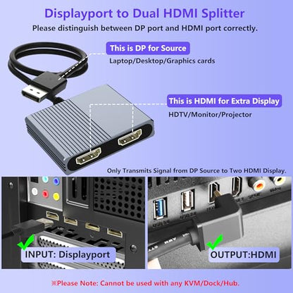 Aibilangose Dual HDMI Adapter AIB-DP-HDMI01 4K@60Hz DisplayPort MST Hub