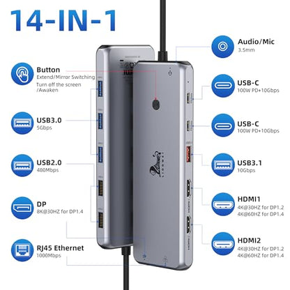 LIONWEI 13-in-1 USB C Docking Station 4K - Dual HDMI, 10Gbps, USB 3.0, 3.5mm Audio, Ethernet