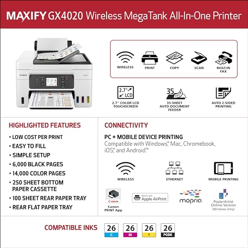 Canon MAXIFY GX4020 All-In-One Inkjet Printer ADF, Auto-Duplex, Energy Star, Color 2400 x 2400 dpi