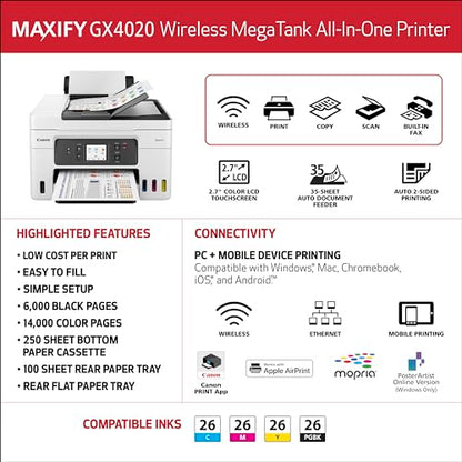 Canon MAXIFY GX4020 All-In-One Inkjet Printer ADF, Auto-Duplex, Energy Star, Color 2400 x 2400 dpi
