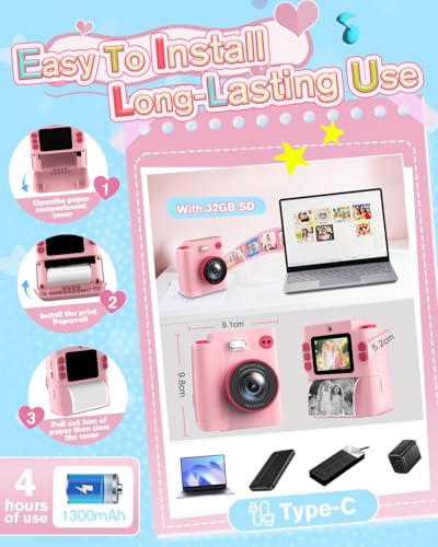 MYSTILUCK Instant Print Camera X8D 0.3MP 1080p 2" Electronic Pink