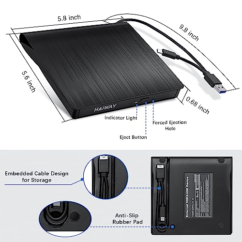 Haiway External CD/DVD Drive 8541609077 USB 3.0 Type-C Optical Burner Portable Slim