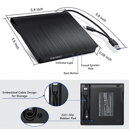 Haiway External CD/DVD Drive 8541609077 USB 3.0 Type-C Optical Burner Portable Slim