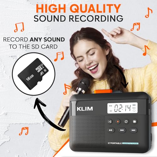 KLIM 4.76 x 3.61 x 1.56 inches Cassette Player Model K7 - Portable - Rechargeable - 16GB SD Card Included
