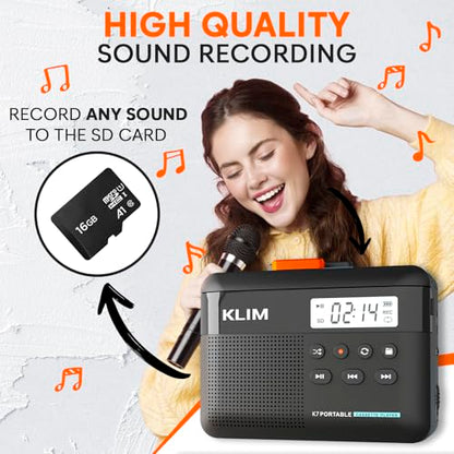 KLIM 4.76 x 3.61 x 1.56 inches Cassette Player Model K7 - Portable - Rechargeable - 16GB SD Card Included