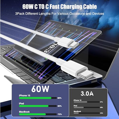 LOFPYE 3-Pack 60W USB C to USB C Cable 3A Charging Data Transfer 10 Feet White