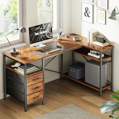 Huuger 47 inch L-Shape Computer Desk with Power Outlets, 3 Drawers, 2 Shelves, Rustic Brown