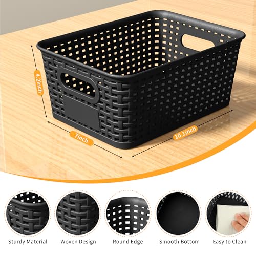 Wrrlors 8 Count Storage Bins with Lids Stackable Portable Black Plastic Baskets