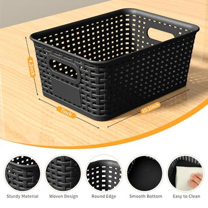 Wrrlors 8 Count Storage Bins with Lids Stackable Portable Black Plastic Baskets