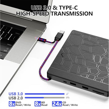 YUNINFANG External Portable Blu-ray Drive USB 3.0 Type A/C Black