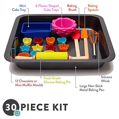 Pop Kids 30-Piece Baking Tools Set for Kids - Includes Baking Pan, Cake Pan - Educational Cooking Supplies
