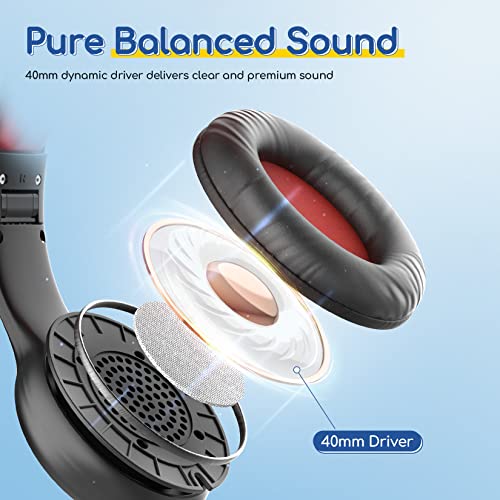 EarFun K1 Wired Kids Headphones with Microphone, 40mm Dynamic Drivers, Over-Ear Design, Black Red