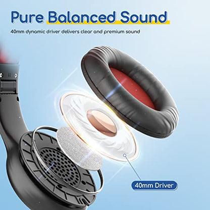 EarFun K1 Wired Kids Headphones with Microphone, 40mm Dynamic Drivers, Over-Ear Design, Black Red