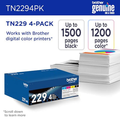 Brother TN229 4PK Color Laser Printer Toner Cartridges | Black, Cyan, Magenta, Yellow | Up to 1500 Page Yield