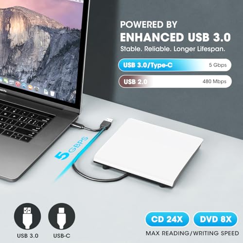 ROOFULL 5.74x5.6x0.65 Inch ECD829-Y-W External CD/DVD Drive, USB 3.0, USB-C, Slim, Portable