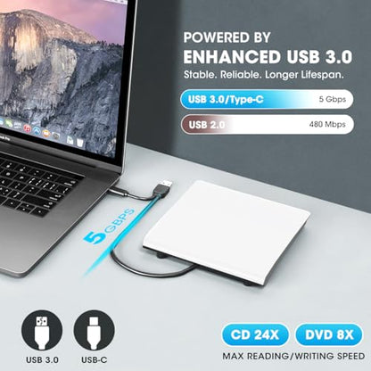 ROOFULL 5.74x5.6x0.65 Inch ECD829-Y-W External CD/DVD Drive, USB 3.0, USB-C, Slim, Portable
