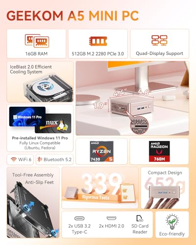 GEEKOM A5 Mini PC AMD Ryzen 5 7430U 512GB SSD 16GB RAM 8K Quad Display