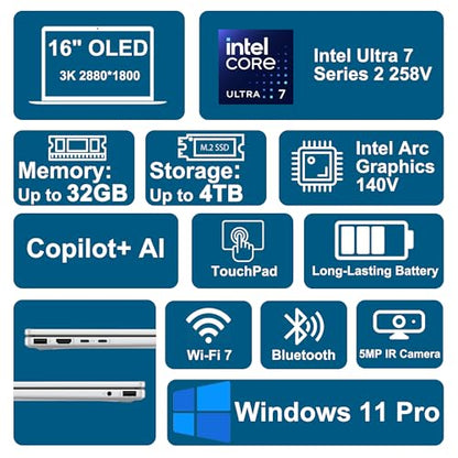 HP 16" 2880 x 1800 OLED Touchscreen Convertible Laptop 32GB DDR5 1TB SSD Intel Octa-Core Ultra 7 258V