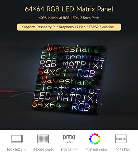Waveshare 64x64 Pixels LED Matrix Panel 2.5mm Pitch Compatible with Raspberry Pi 5/4B/3B/Zero/Zero W/Zero 2W/Pico/Pico W/Pico WH