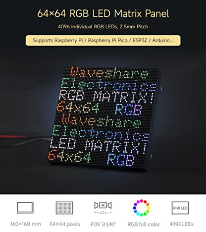 Waveshare 64x64 Pixels LED Matrix Panel 2.5mm Pitch Compatible with Raspberry Pi 5/4B/3B/Zero/Zero W/Zero 2W/Pico/Pico W/Pico WH