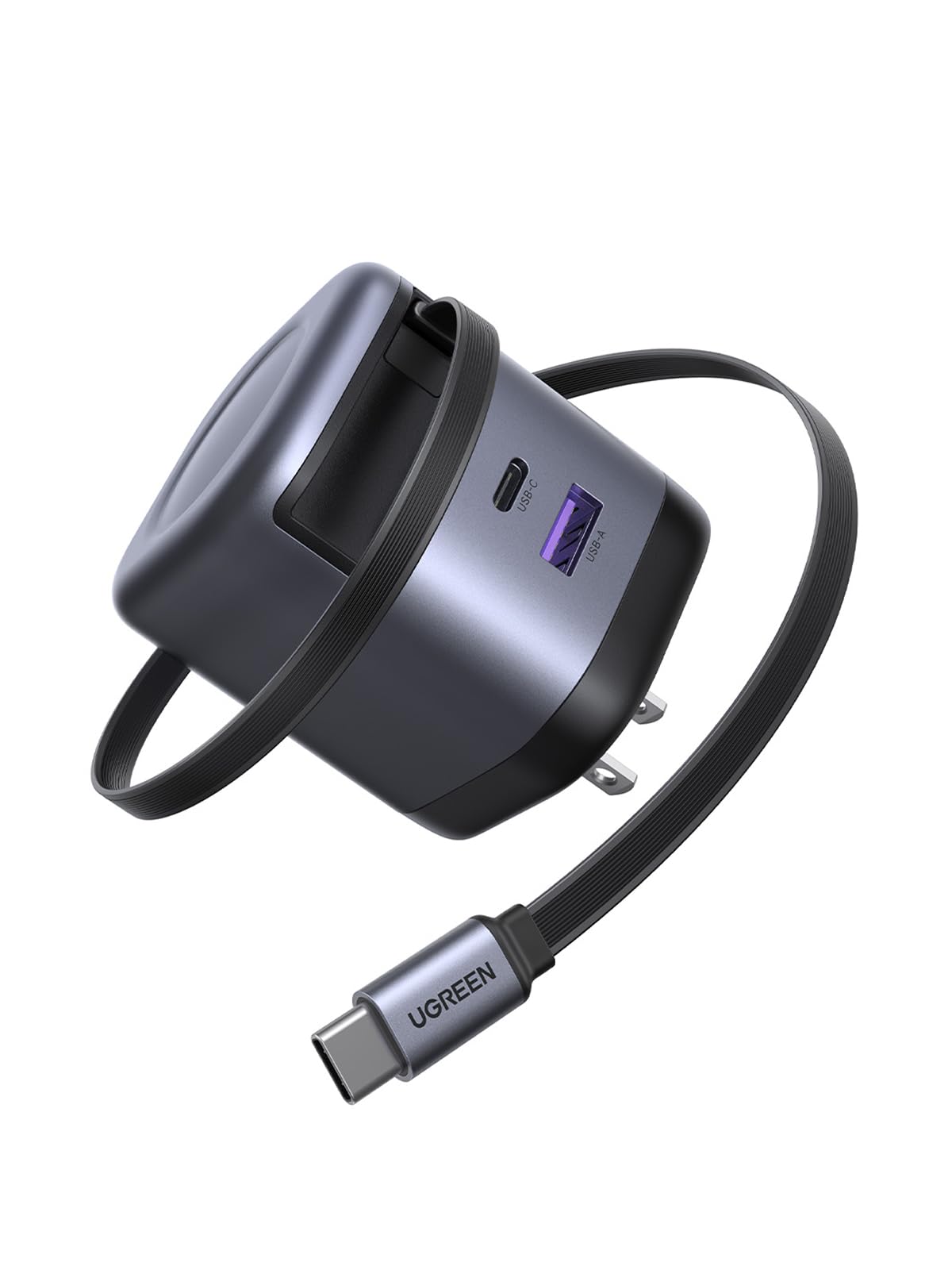 UGREEN 65W USB Type C Wall Charger with Built-in Retractable Cable, Model X605