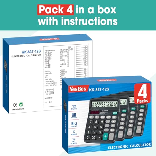 YesBes 4 Pack Standard Function Calculators 4.25 Inches LCD Display Solar Powered Dual Power Plastic