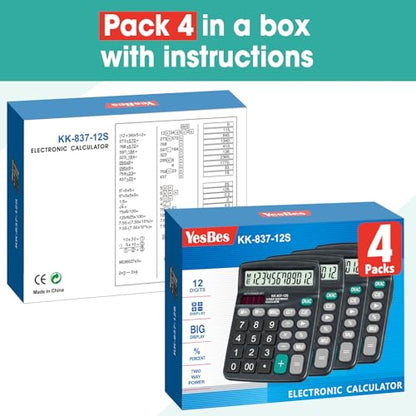 YesBes 4 Pack Standard Function Calculators 4.25 Inches LCD Display Solar Powered Dual Power Plastic