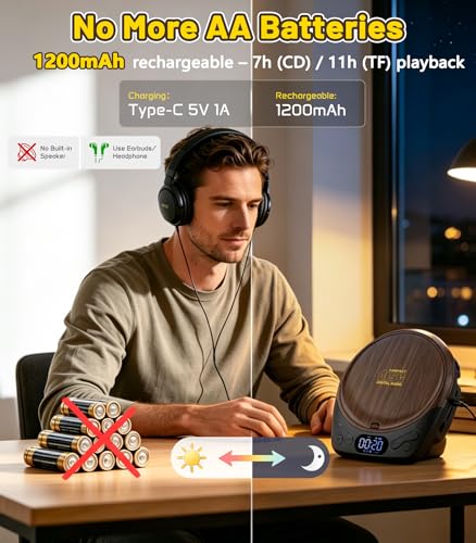 Gracioso 5.2" CD-40 Portable CD Player with Rechargeable Battery, AUX Connectivity