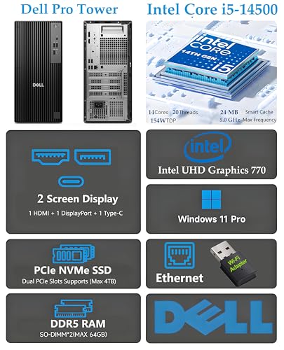 Dell Tower Desktop Computer, i5-14500, 512GB SSD, 16GB DDR5, Windows 11 Pro