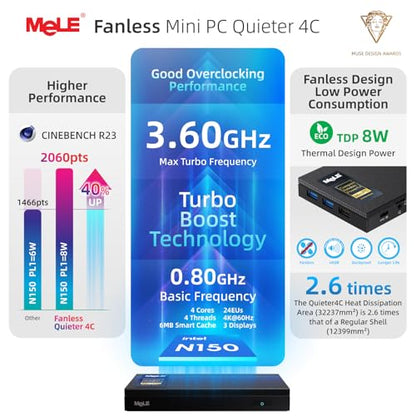 MeLE Mini PC Quieter 4C N150 4K 60Hz SSD Mini Computer