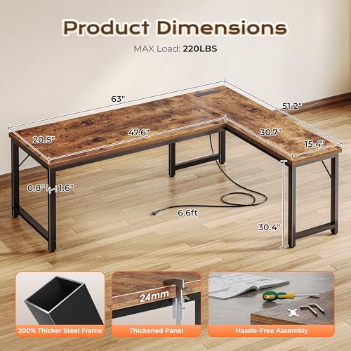 Huuger 63 Inch L-Shaped Computer Desk with Built-In Power Outlets and USB-C Port, Engineered Wood Top, Metal Frame, Rustic Brown