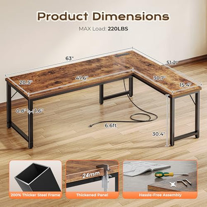 Huuger 63 Inch L-Shaped Computer Desk with Built-In Power Outlets and USB-C Port, Engineered Wood Top, Metal Frame, Rustic Brown
