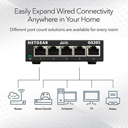 NETGEAR 5-Port Gigabit Ethernet Switch GS305 - 100-240 Volts - 1.1" Height - Metal Case