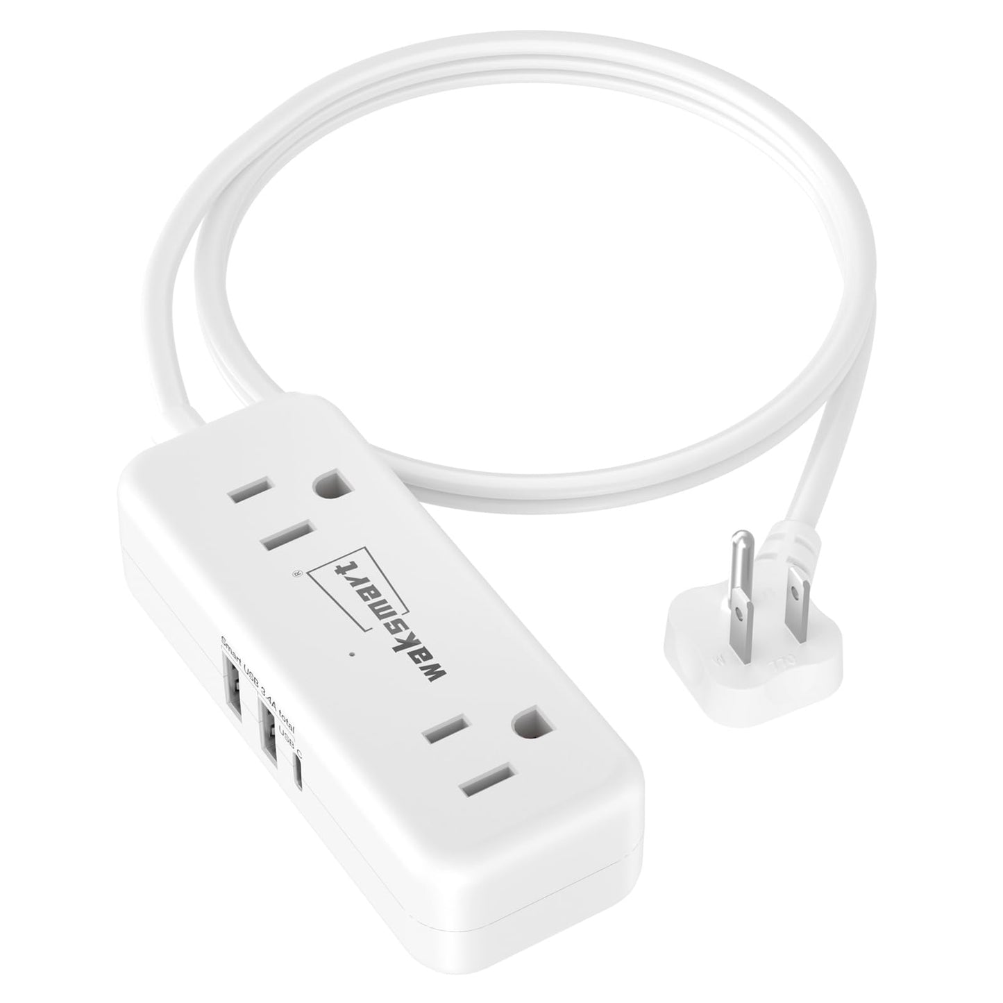 Waksmart 3 Feet Power Strip Model AC-1125 with 4 AC Outlets, 3 USB Ports, 125 Volt