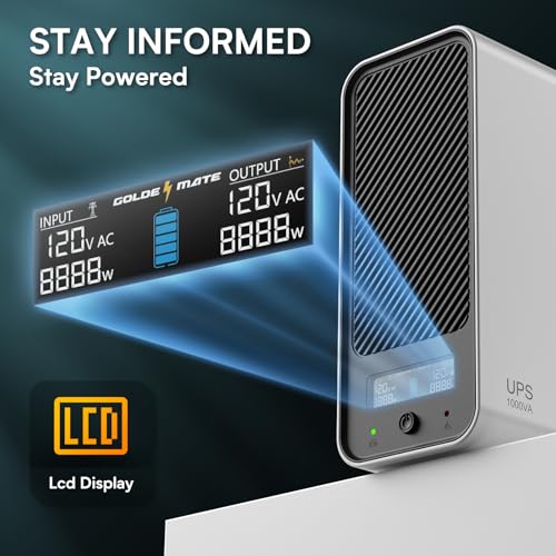 GOLDENMATE 1000VA/600W Lithium UPS Battery Backup, 8-Outlets, LCD Display, NEMA Connectors
