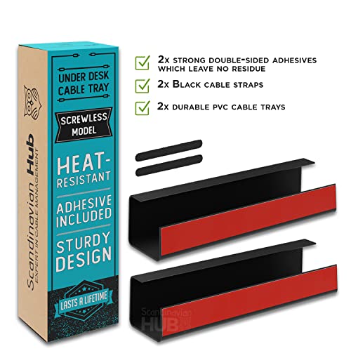 Scandinavian Hub Under Desk Cable Management Tray, 2 Pack, Self-Adhesive, Black