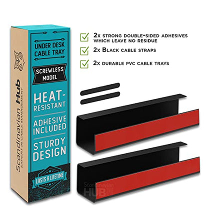 Scandinavian Hub Under Desk Cable Management Tray, 2 Pack, Self-Adhesive, Black