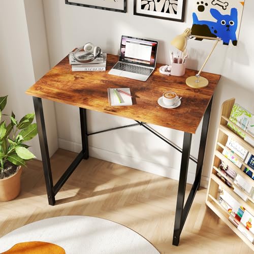 DUMOS 32 Inch DUYM-GDZ-31RT Rectangular Writing Desk, Walnut Finish, Metal Frame, Compact Design for Home Office