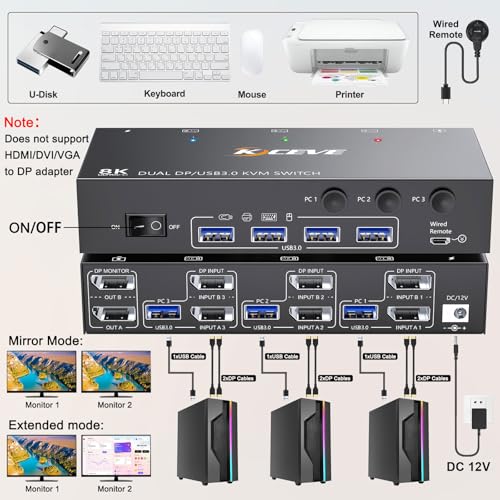 KCEVE KVM Switch 2 Monitors 3 Computers 4K@144Hz DisplayPort USB 3.0 Model KC-302DP-A