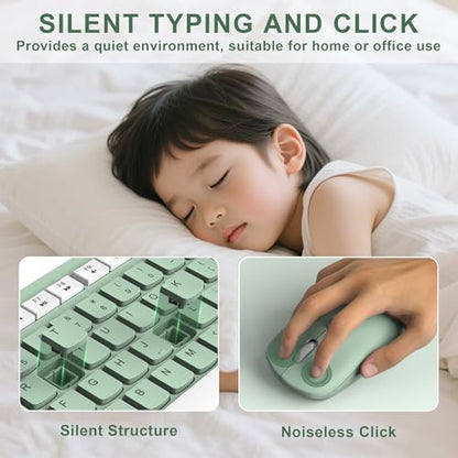 RECCAZR Full-Sized Wireless Keyboard and Mouse Combo 2.4GHz USB Receiver Light Green USB