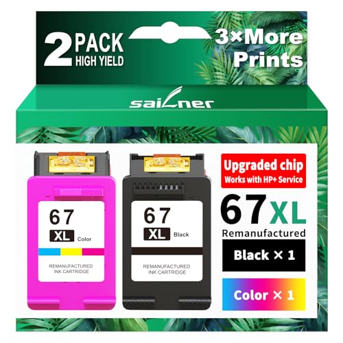 SAILNER 67XL Ink Cartridges Black/Color Combo Pack Remanufactured High Yield Compatible for HP 67XL Printers