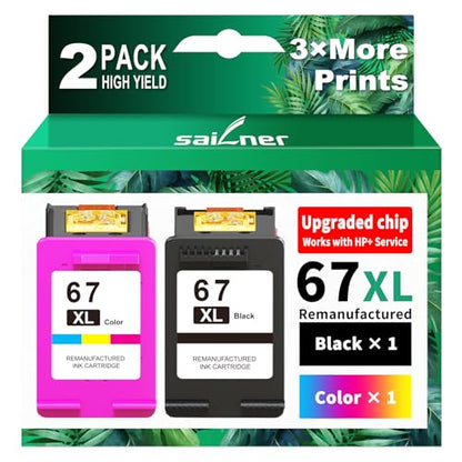 SAILNER 67XL Ink Cartridges Black/Color Combo Pack Remanufactured High Yield Compatible for HP 67XL Printers