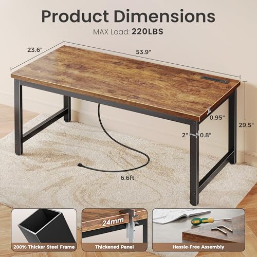 Huuger 54" x 23.6" Rectangular Computer Desk, Rustic Brown with Oil Rubbed Finish, Metal Base, Assembly Required